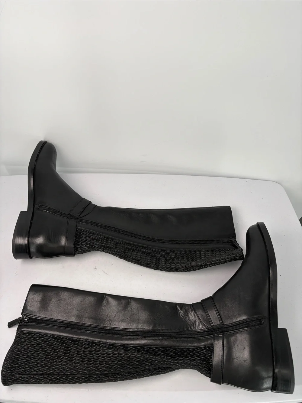 🥯 Cole Haan Black to-the-Knee Leather Stretch Boots with Gold Buckle